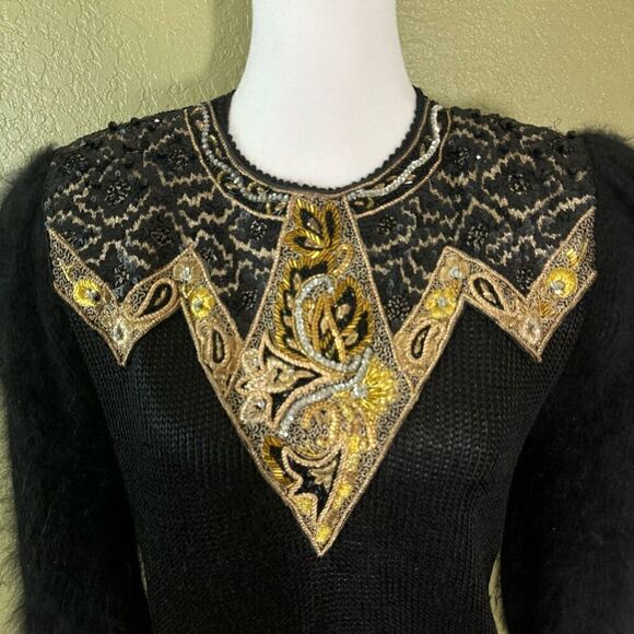 Vintage 80's L Bead Embroidered Pullover Sweater Black Angora Sleeve Maximalist - Picture 3 of 6